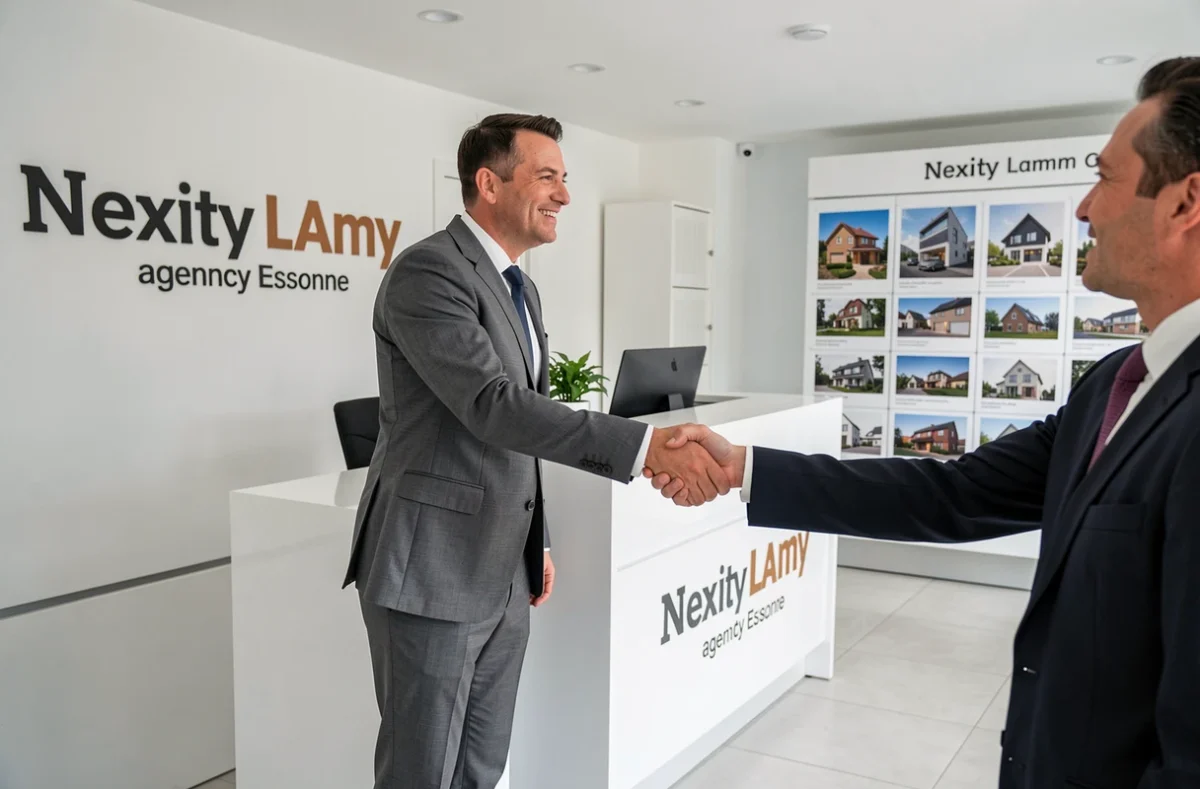 Conseiller Nexity Lamy accueillant un client dans une agence moderne en Essonne