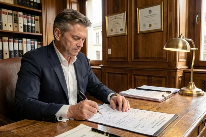 Notaire en costume marine assis à son bureau avec des documents de frais de notaire pour un achat-revente immobilier