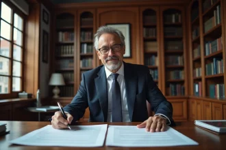 Notaire en costume marine examinant un contrat de construction neuve avec des documents officiels sur un bureau en chêne dans son étude