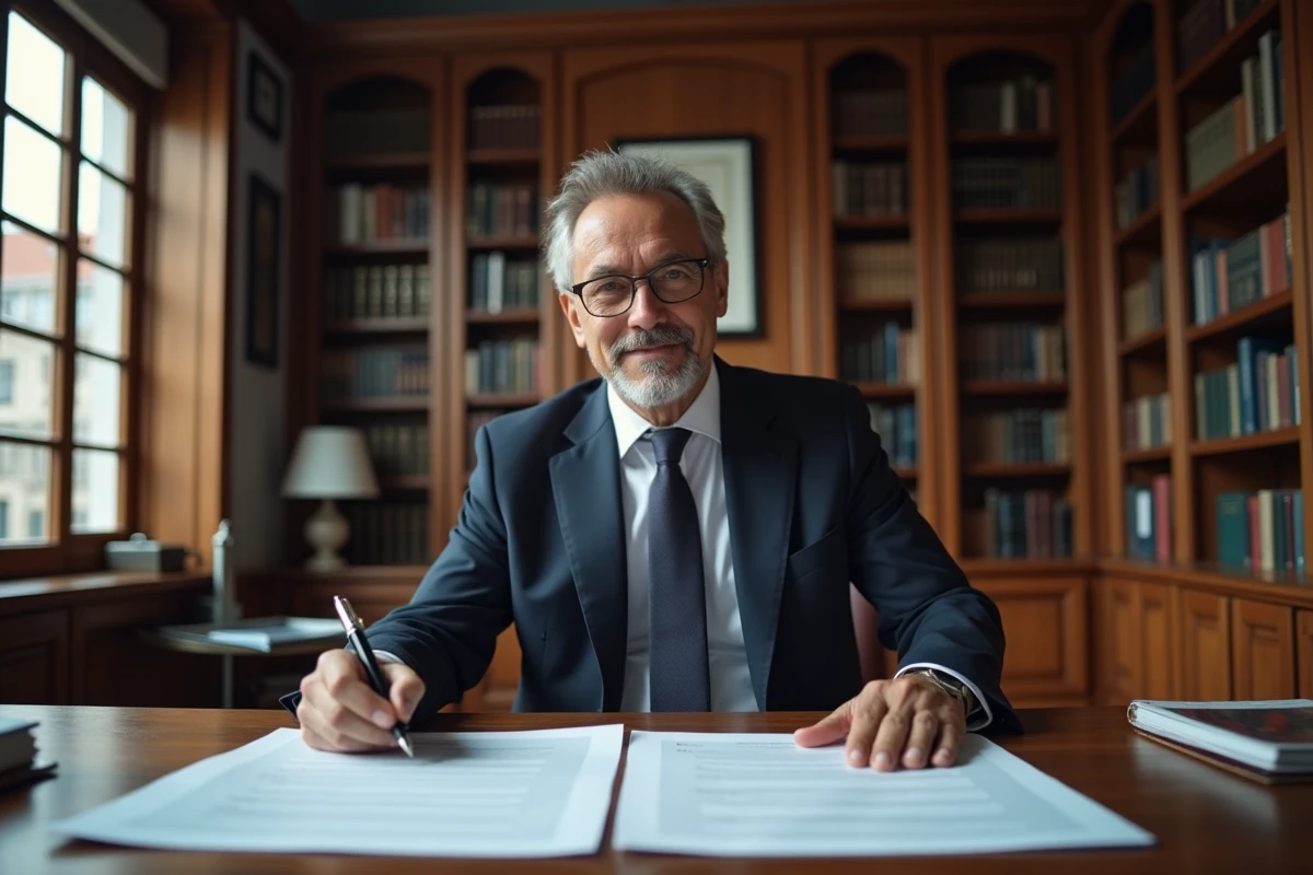 Notaire en costume marine examinant un contrat de construction neuve avec des documents officiels sur un bureau en chêne dans son étude
