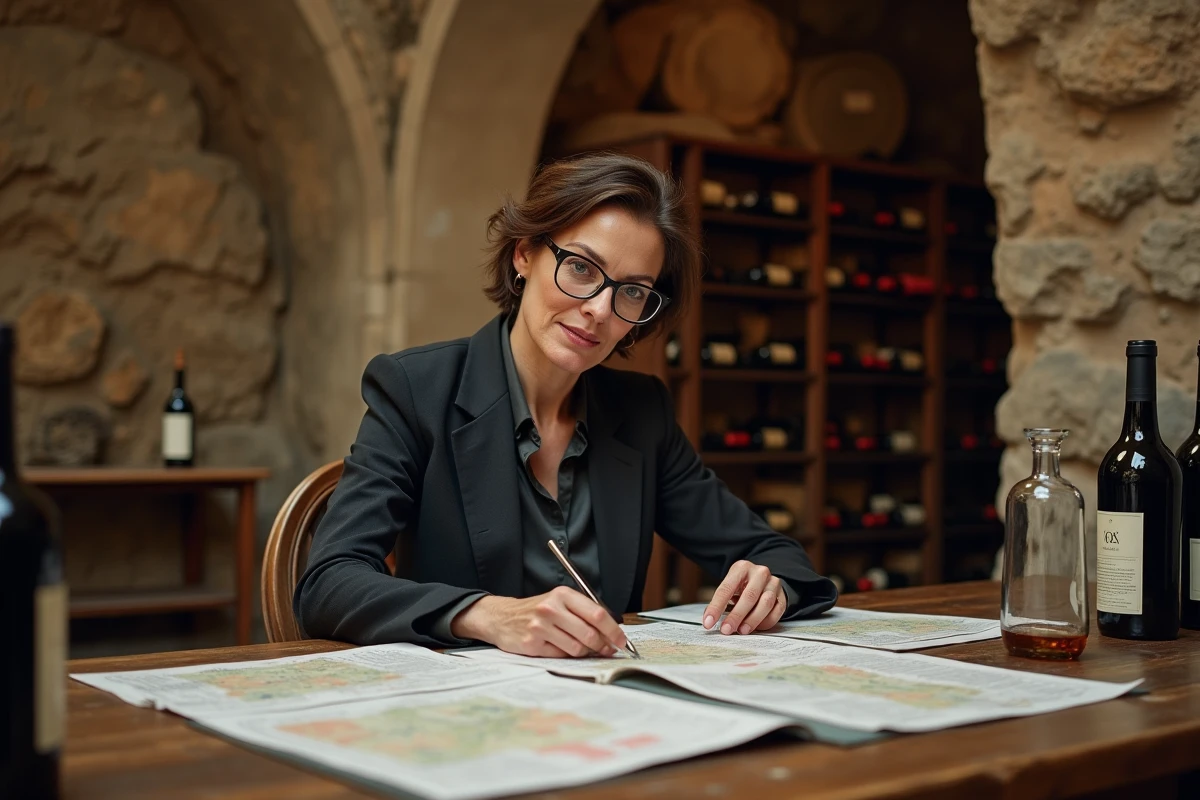 Notaire analysant les documents d'évaluation d'un domaine viticole bordelais dans une cave de château avec des cartes parcellaires et des bouteilles de vin