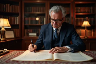 Notaire en costume marine examinant des documents d'estimation immobilière dans un bureau traditionnel français