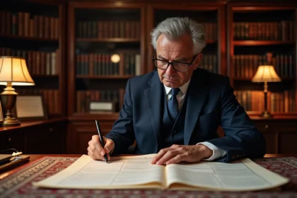 Notaire en costume marine examinant des documents d'estimation immobilière dans un bureau traditionnel français