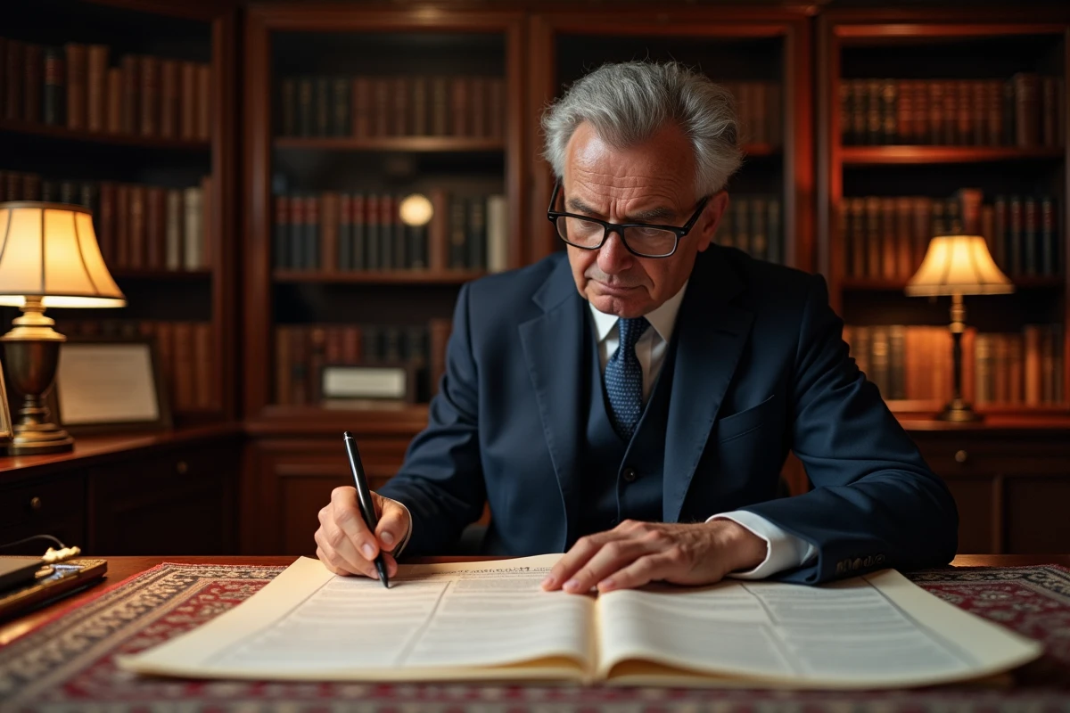 Notaire en costume marine examinant des documents d'estimation immobilière dans un bureau traditionnel français