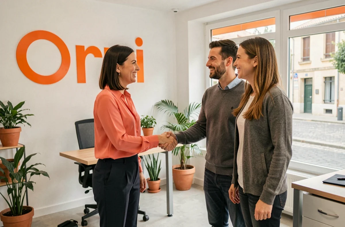 Agente de l'agence Orpi Atout Immobilier à Montauban accueillant un couple de clients dans les bureaux de l'agence