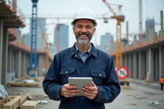 Ouvrier de construction parisien souriant sur site urbain