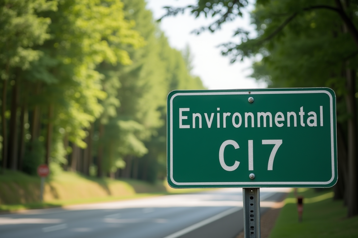 Panneau vert environnemental sur autoroute en nature