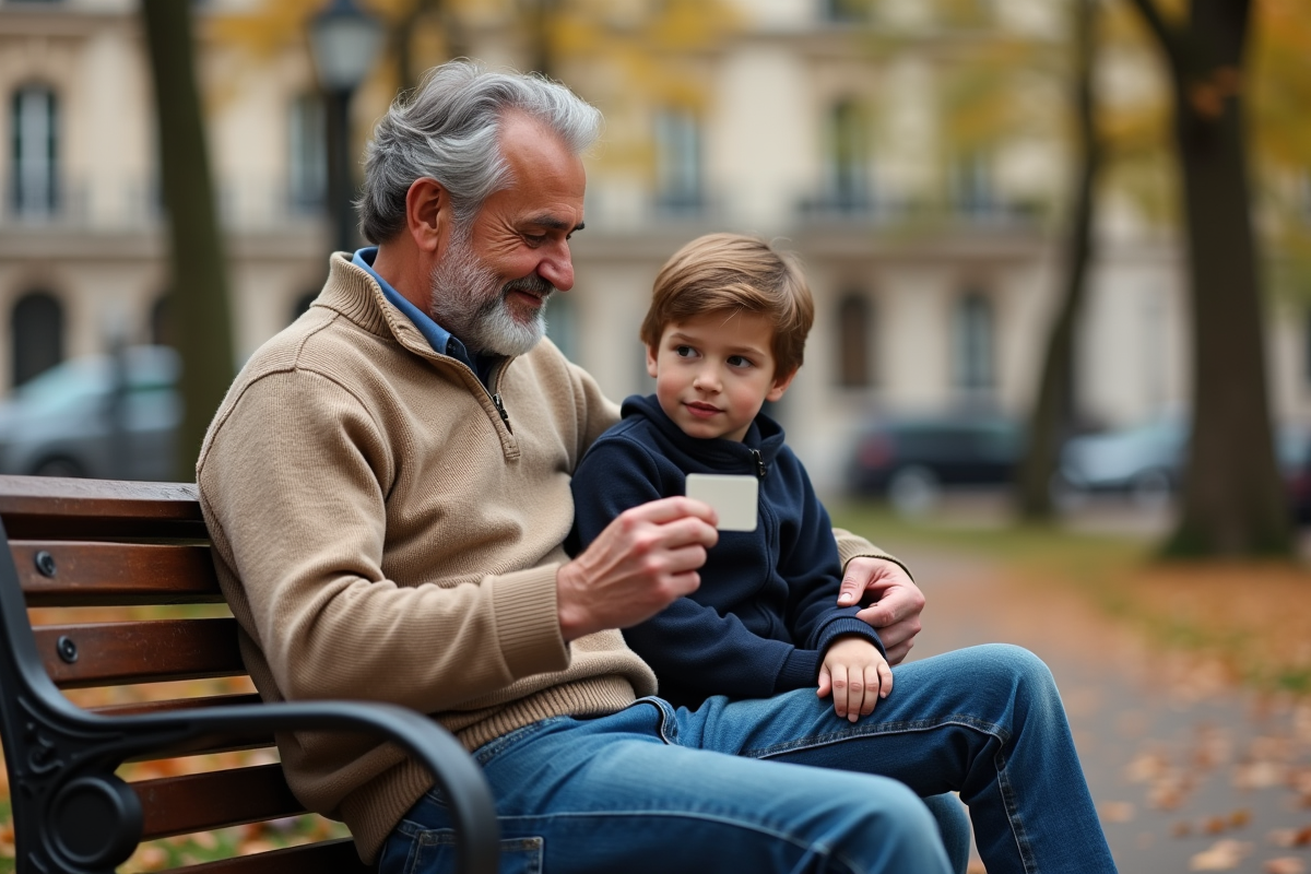 Pere et son fils montrant leur carte de residence en parc