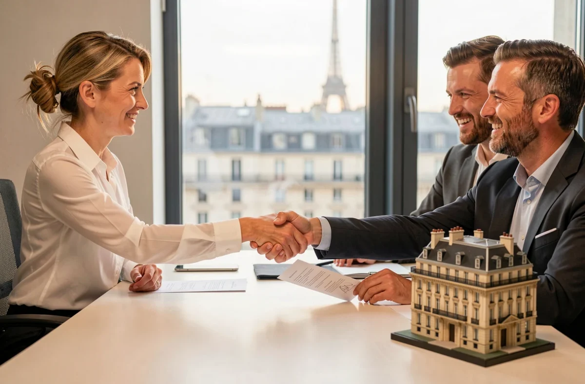 Courtière Pécunia Courtage remettant un accord de prêt immobilier signé à un couple satisfait dans un bureau moderne