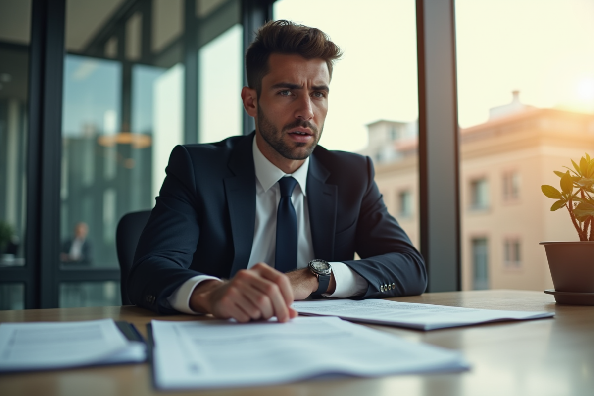Personne d'affaires stressée au bureau avec documents officiels