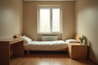Petite chambre de moins de 9m2 dans un appartement T3, avec lit simple, bureau étroit et espace contraint illustrant la question de la légalité des petites chambres