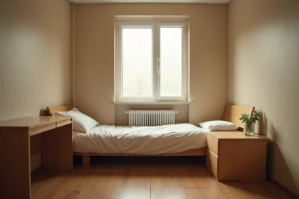 Petite chambre de moins de 9m2 dans un appartement T3, avec lit simple, bureau étroit et espace contraint illustrant la question de la légalité des petites chambres