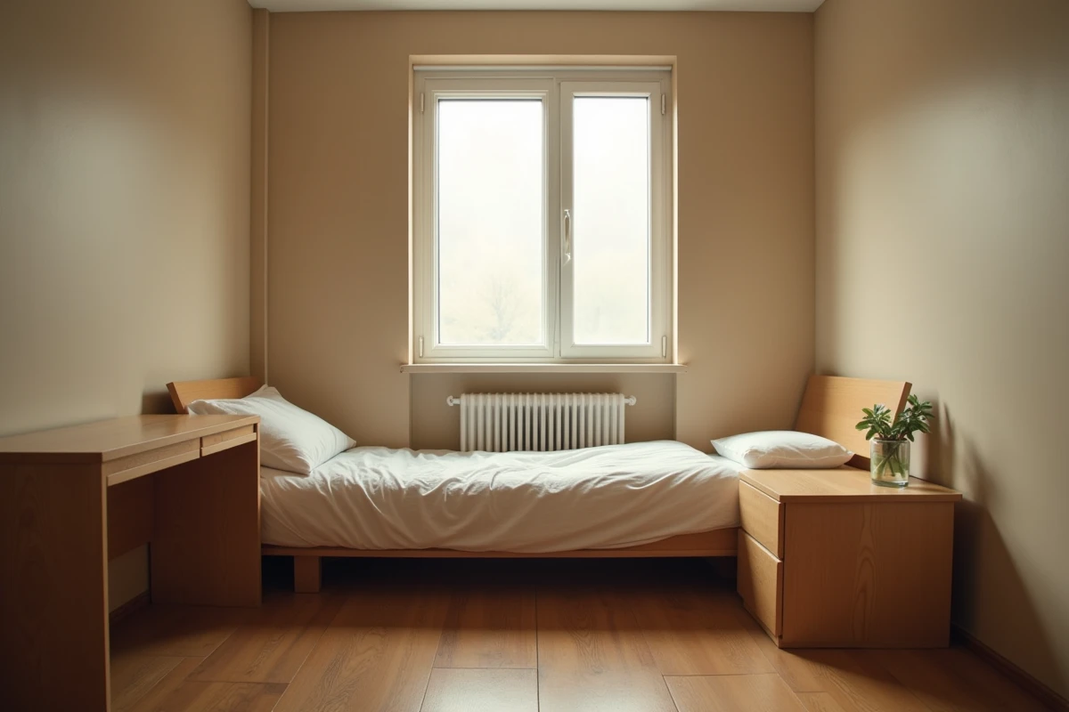 Petite chambre de moins de 9m2 dans un appartement T3, avec lit simple, bureau étroit et espace contraint illustrant la question de la légalité des petites chambres