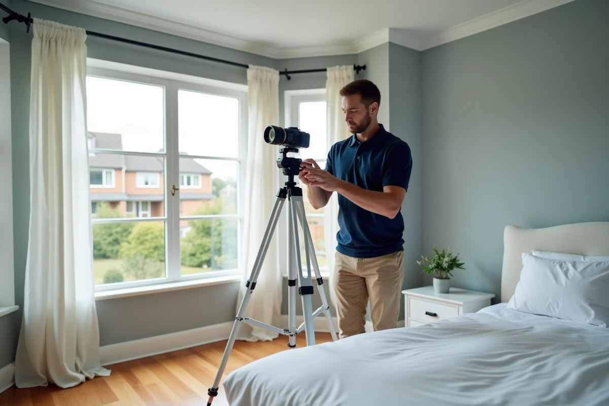 Photographe immobilier professionnel en train de configurer une caméra 360 degrés dans une chambre préparée pour une visite virtuelle