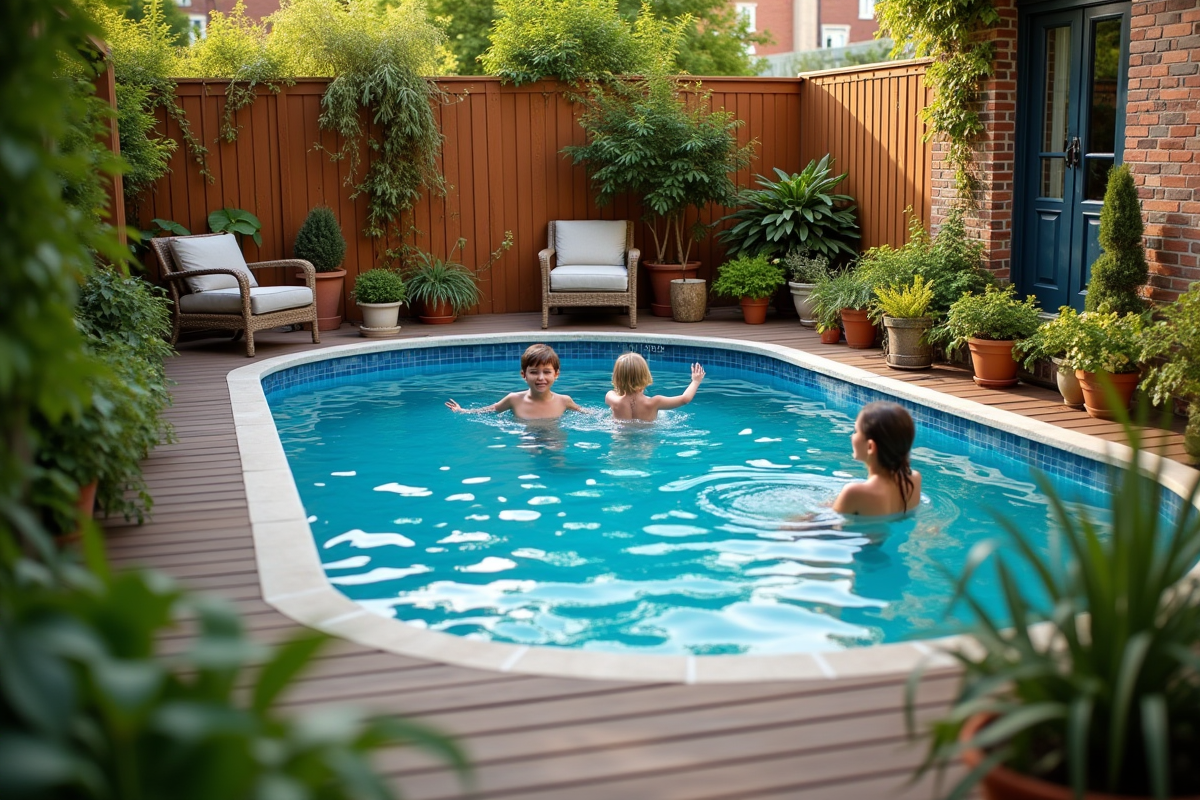 Piscine hors sol dans un petit jardin urbain avec enfants