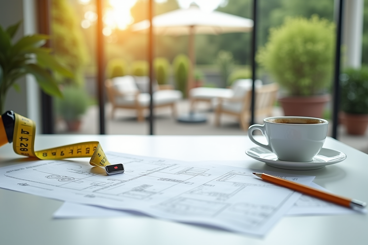 Documents architecturaux sur une table lumineuse avec café