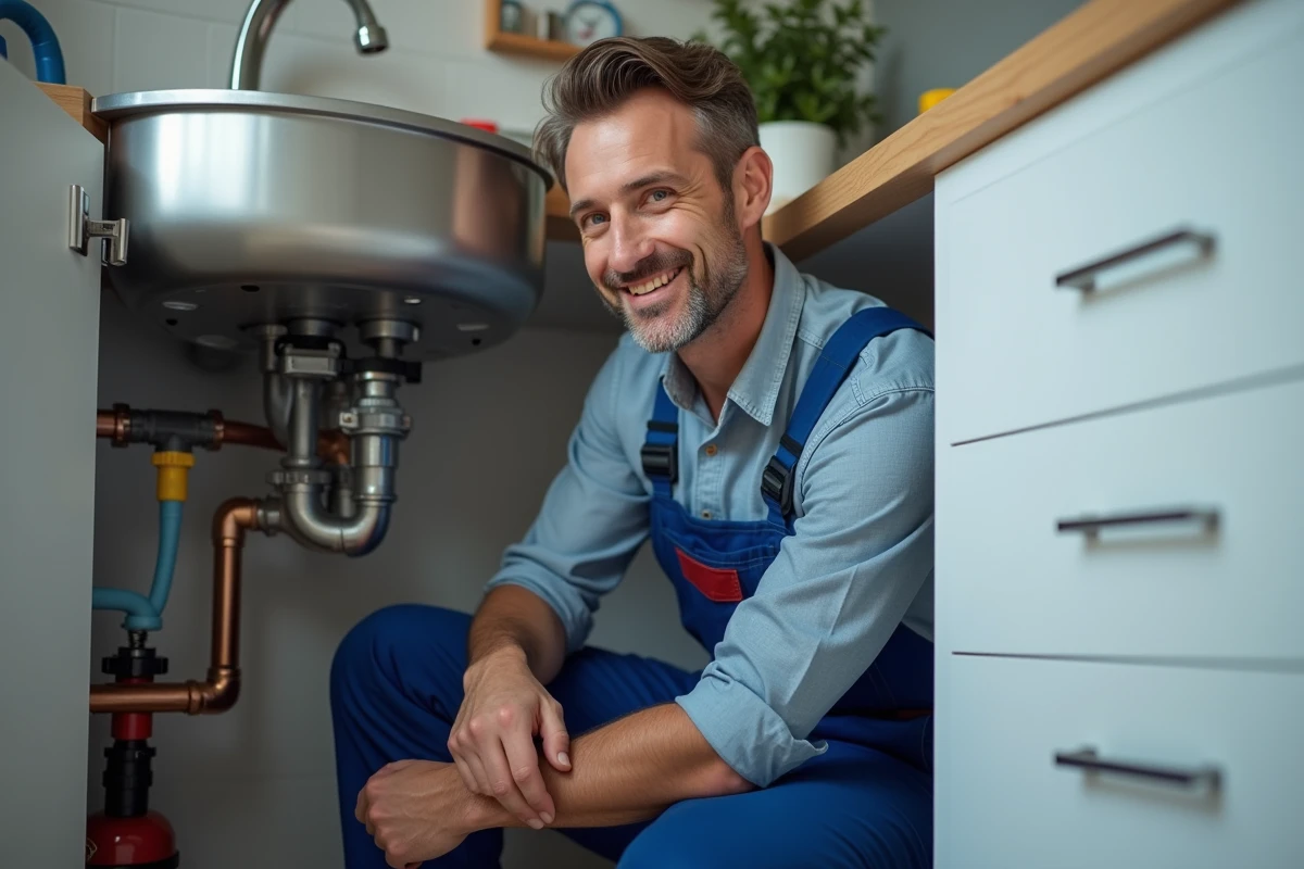 Plombier homme en bleu sous évier cuisine en action