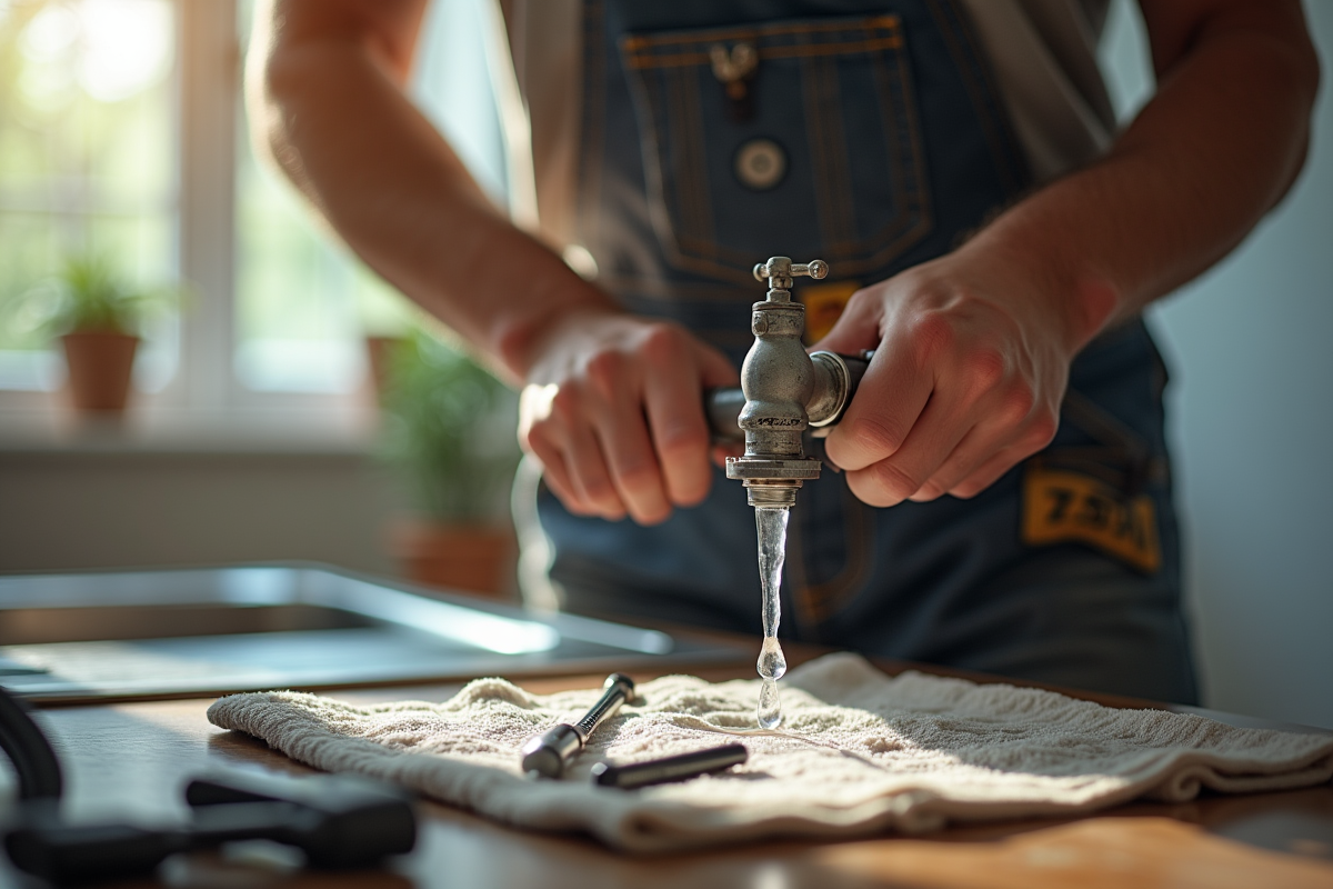 Plombier en action reparant un tuyau sous l