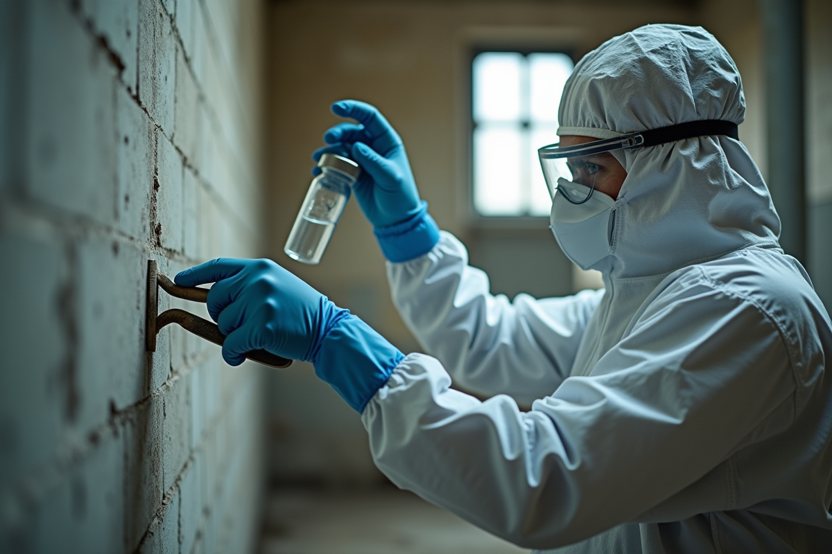 Professionnel en combinaison protectrice prelevant un echantillon de mur ancien