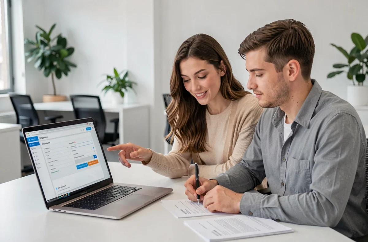 Couple de jeunes professionnels consultant une simulation de prêt immobilier en ligne sur un ordinateur portable via Pretto