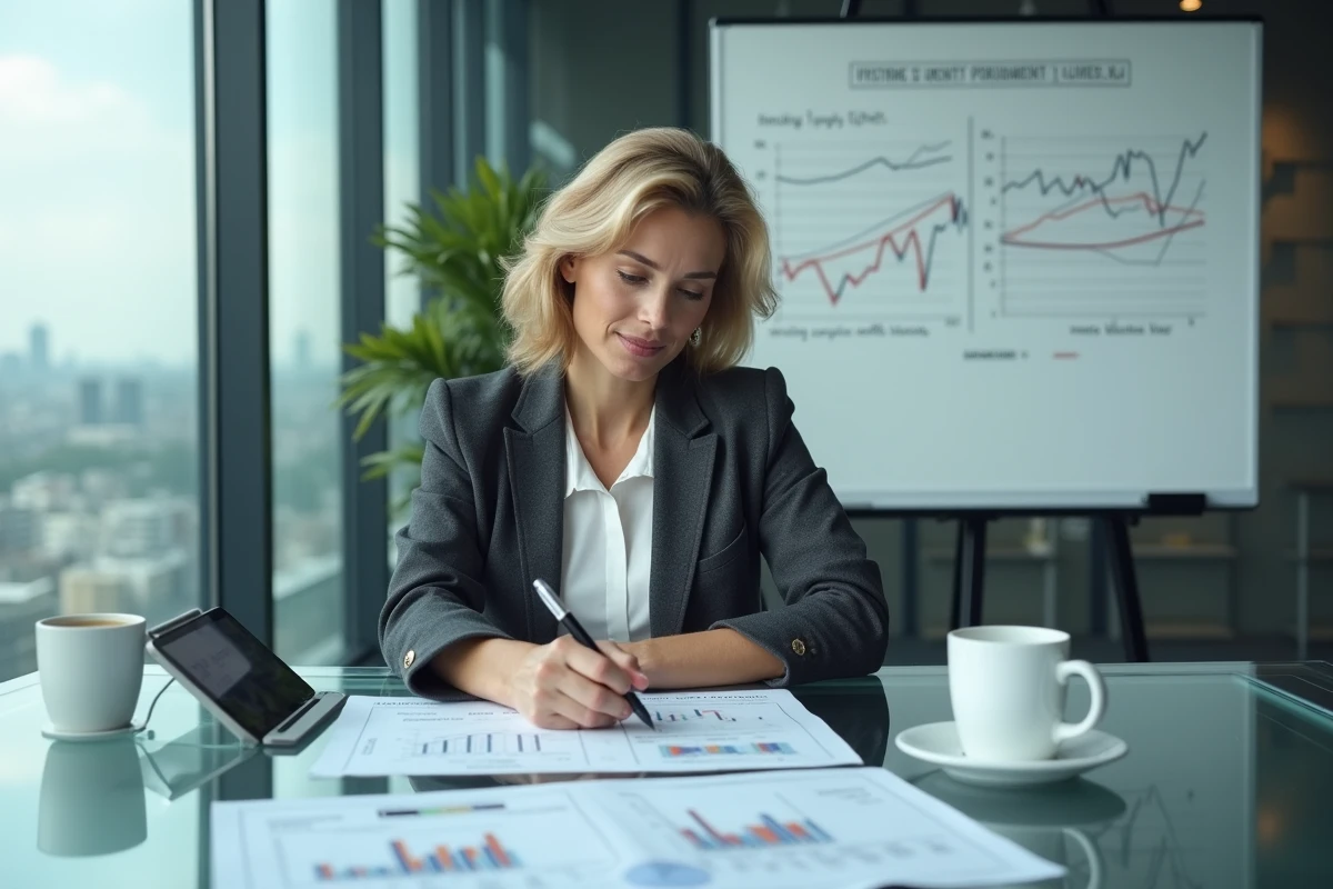 Une professionnelle évalue des projections d'investissement avec des outils de simulation financière en salle de réunion