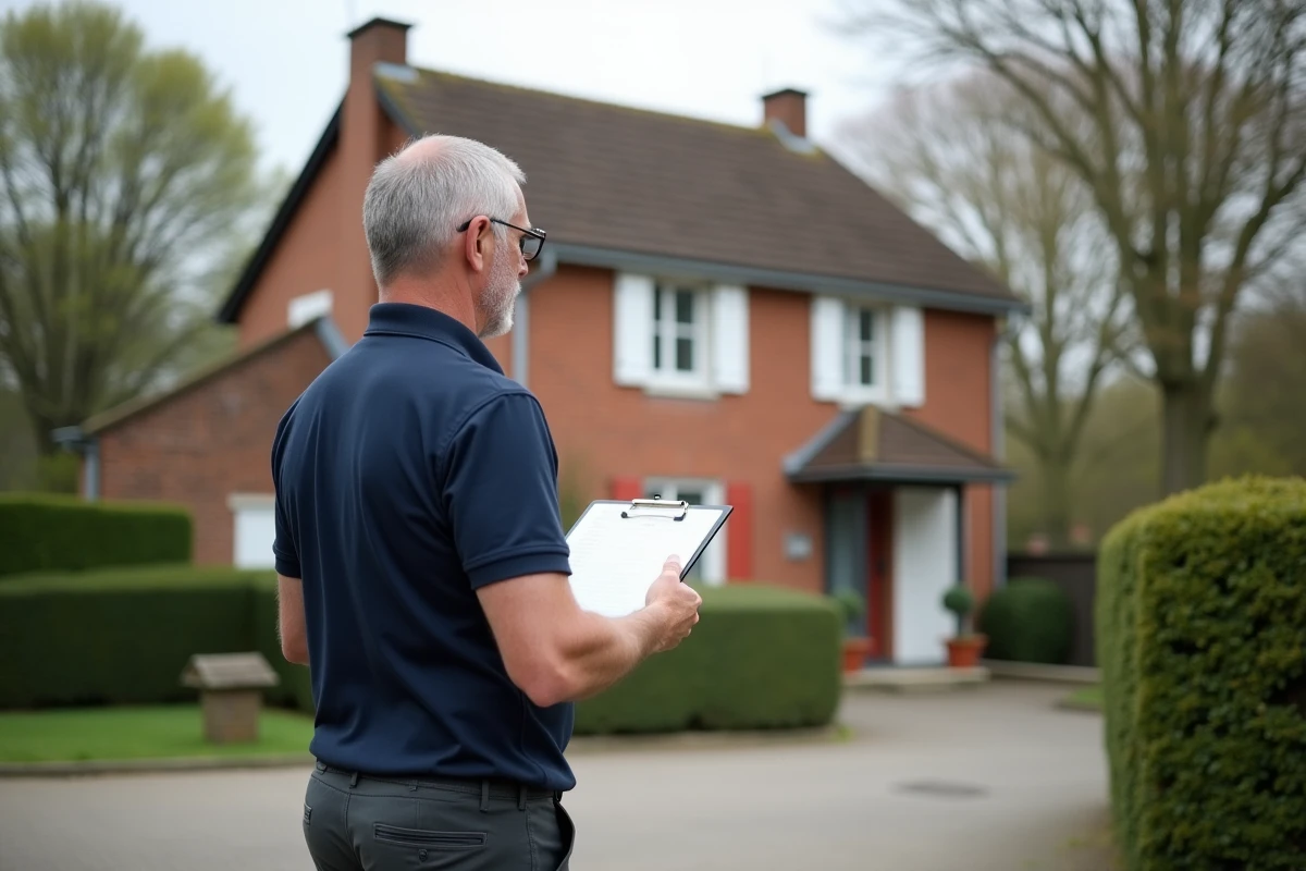 Propriétaire évaluant la valeur de son pavillon individuel depuis l'extérieur pour une estimation immobilière