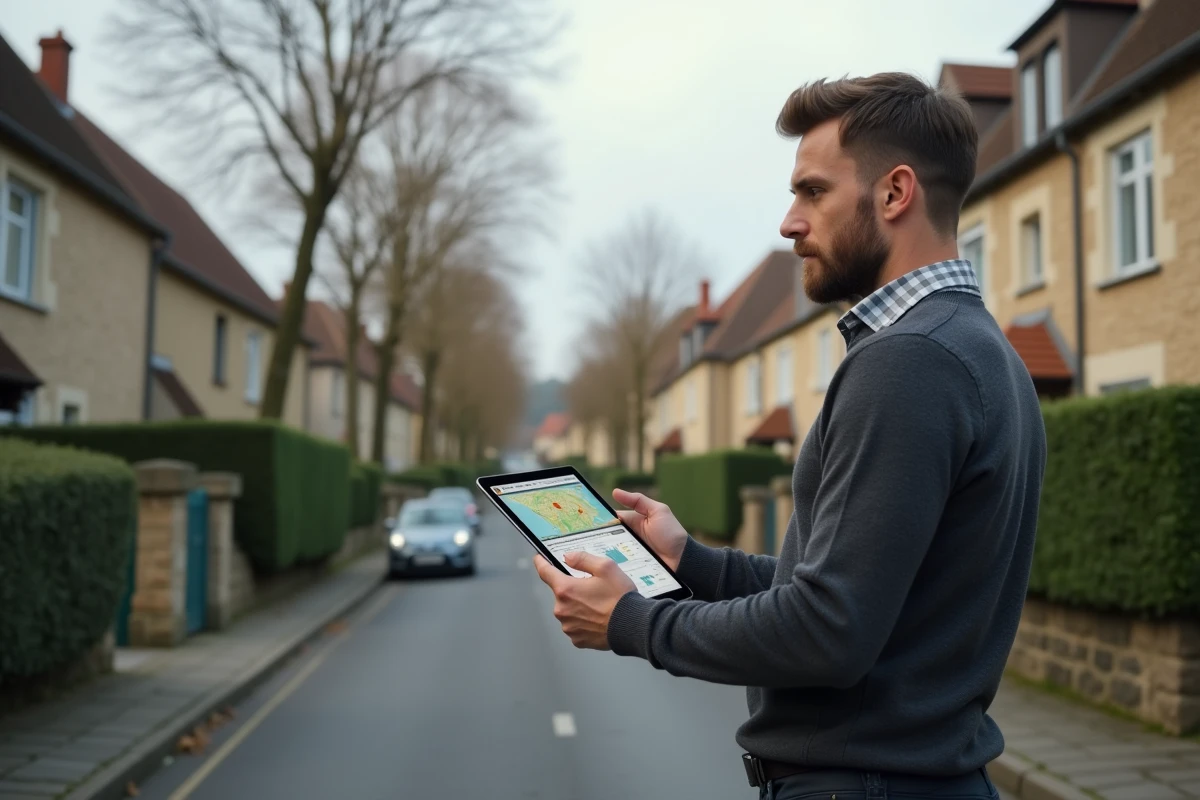 Agent immobilier en prospection terrain consultant une application d'analyse immobilière sur tablette dans une rue résidentielle