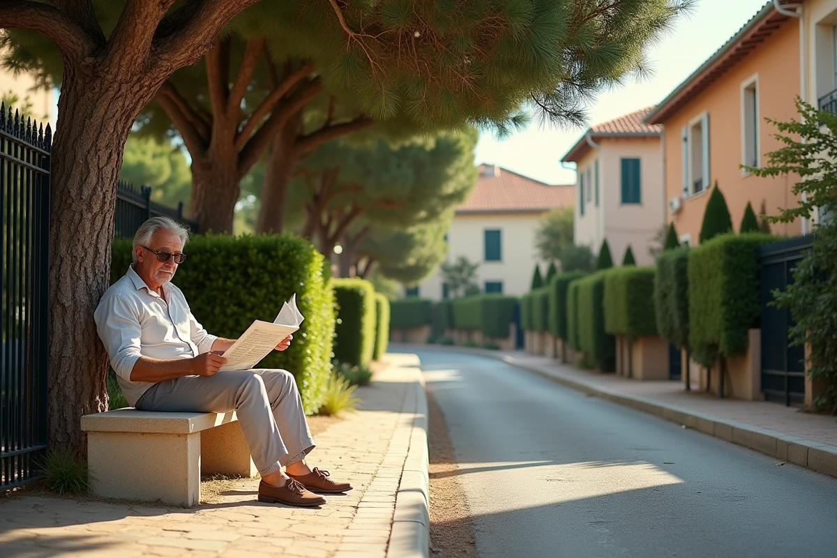 Homme lisant un journal dans une rue résidentielle calme d'un quartier est de Marseille avec villas provençales