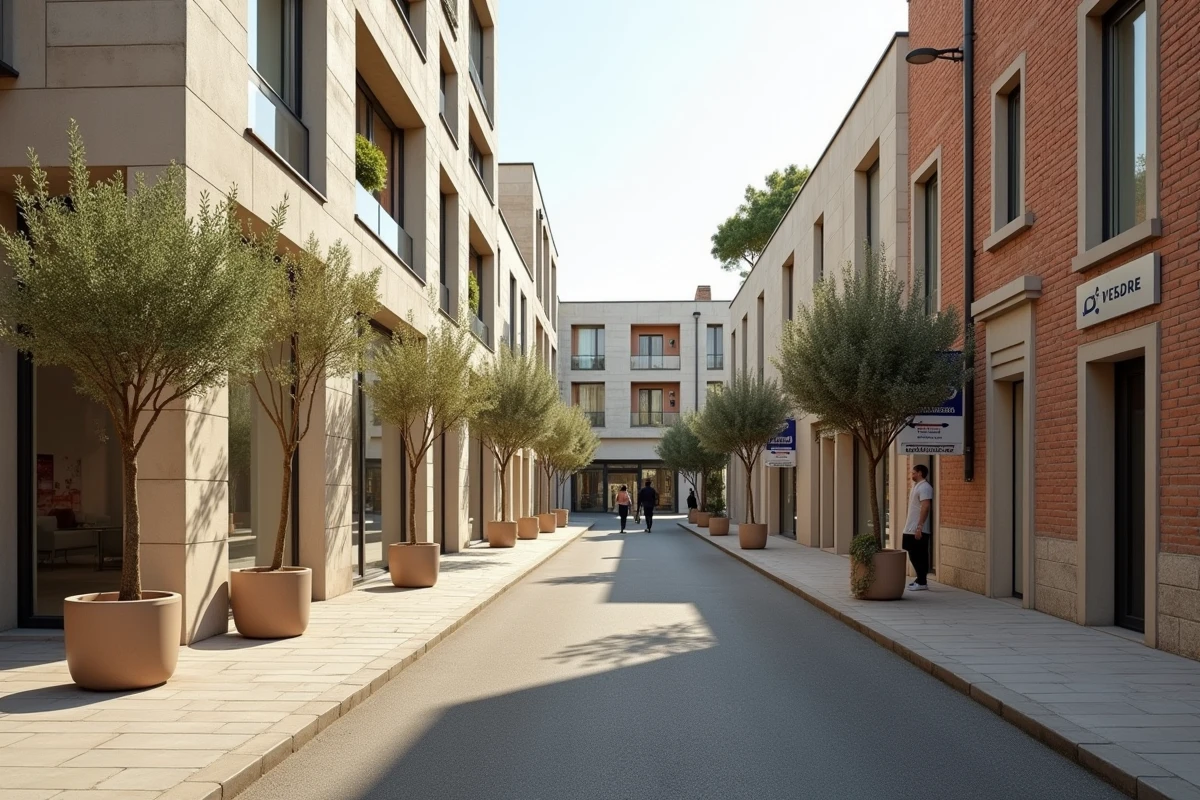 Vue grand angle d'une rue du quartier Lespinet à Toulouse avec des immeubles neufs à vendre et une ambiance urbaine en pleine mutation
