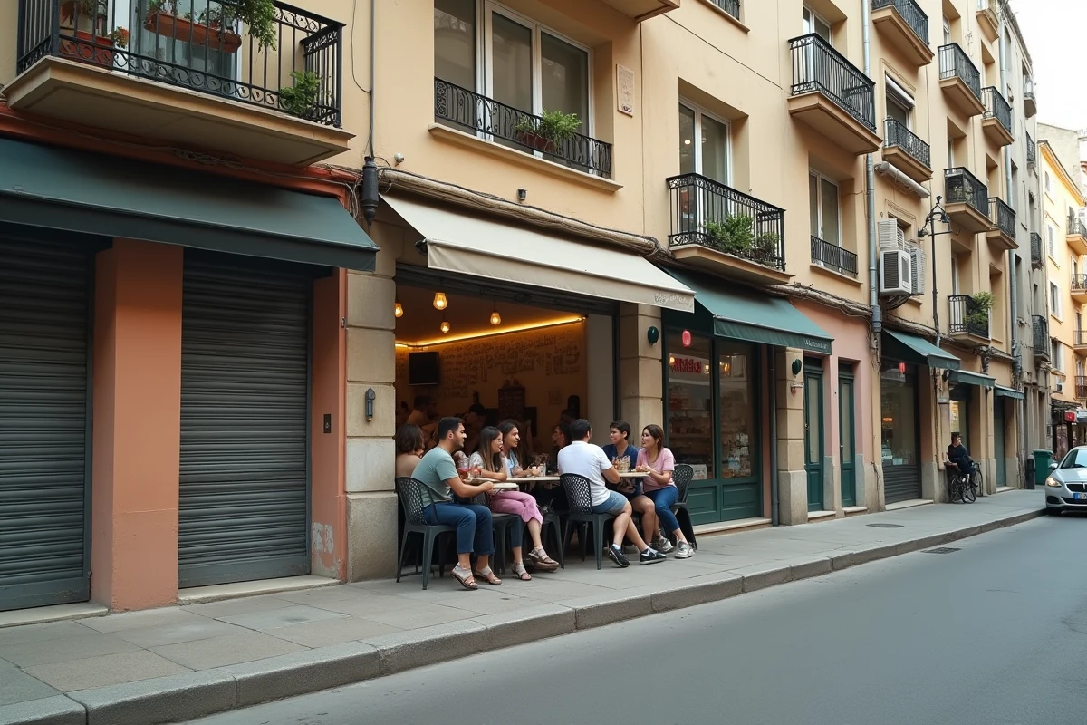 Scène de rue animée dans un quartier nord de Marseille avec des jeunes adultes devant un café de quartier