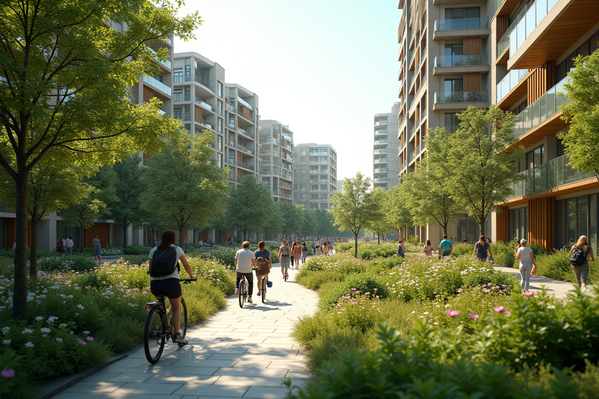 Quartier urbain vert avec piétons et cyclistes