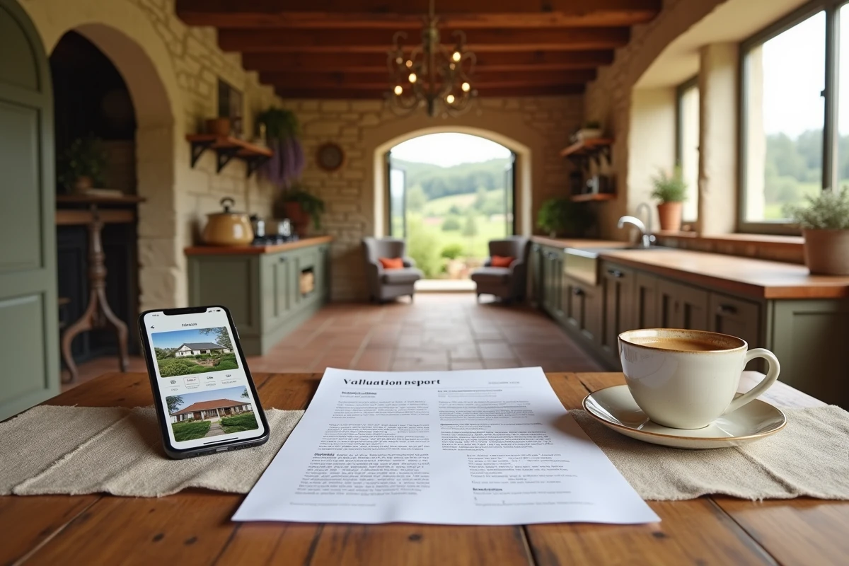 Rapport d'estimation immobilière posé sur une table dans une maison de prestige à vendre