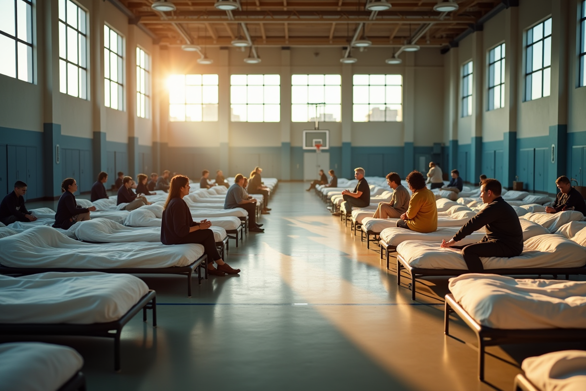 Refuge dans un gymnase avec lits et bénévoles