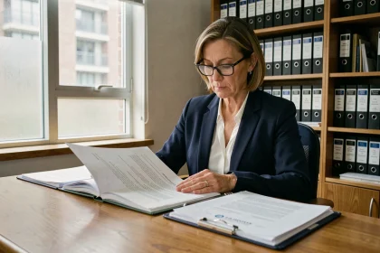 Gestionnaire de copropriété examinant le registre légal des copropriétés dans un bureau notarial