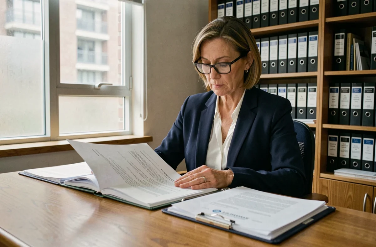 Gestionnaire de copropriété examinant le registre légal des copropriétés dans un bureau notarial