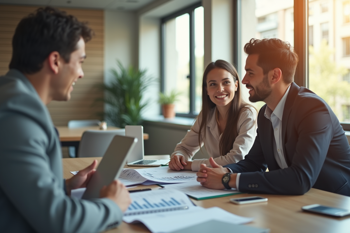 Jeune couple rencontrant un conseiller financier dans un bureau lumineux