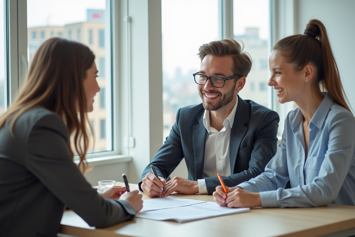 Jeune couple souriant rencontrant un agent immobilier dans un bureau lumineux