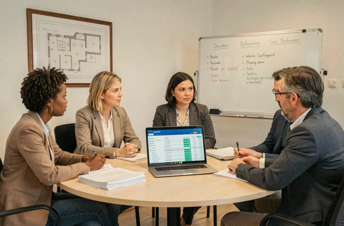 Réunion de copropriétaires autour d'un ordinateur portable consultant une plateforme de gestion numérique lors d'une assemblée générale