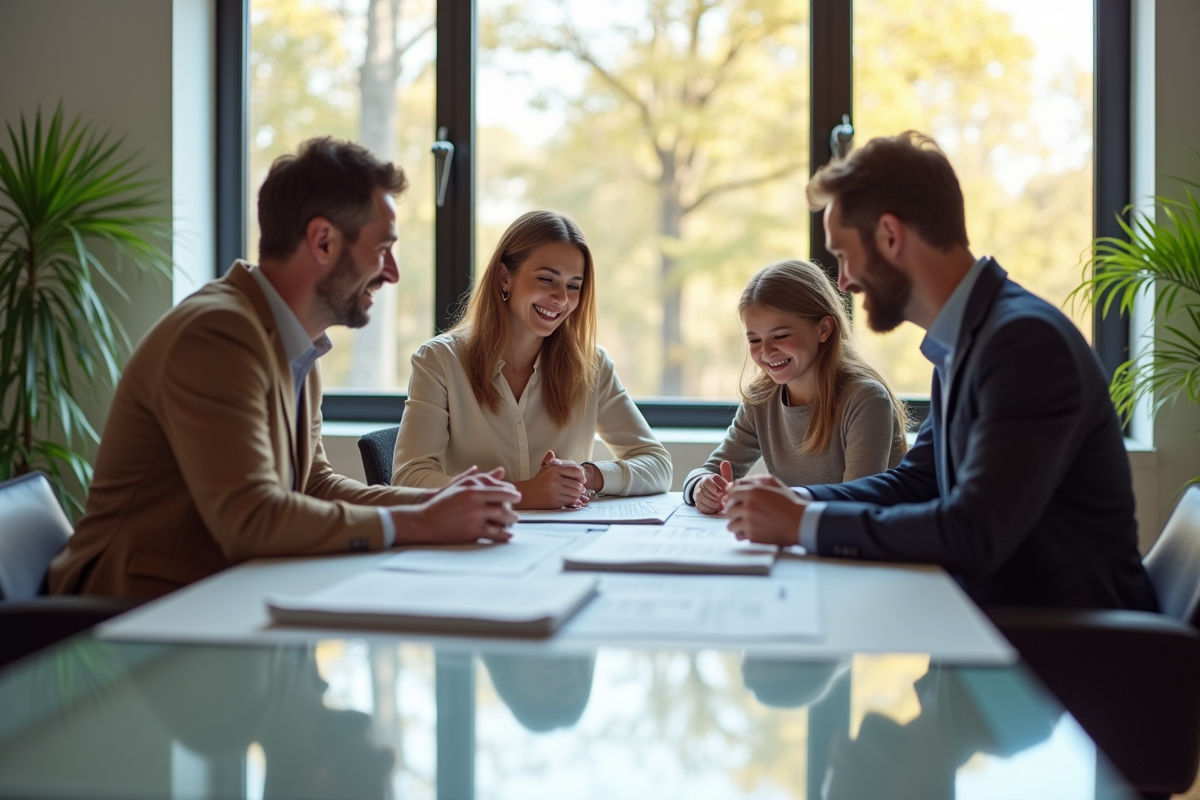 Famille rencontrant un conseiller dans un bureau lumineux