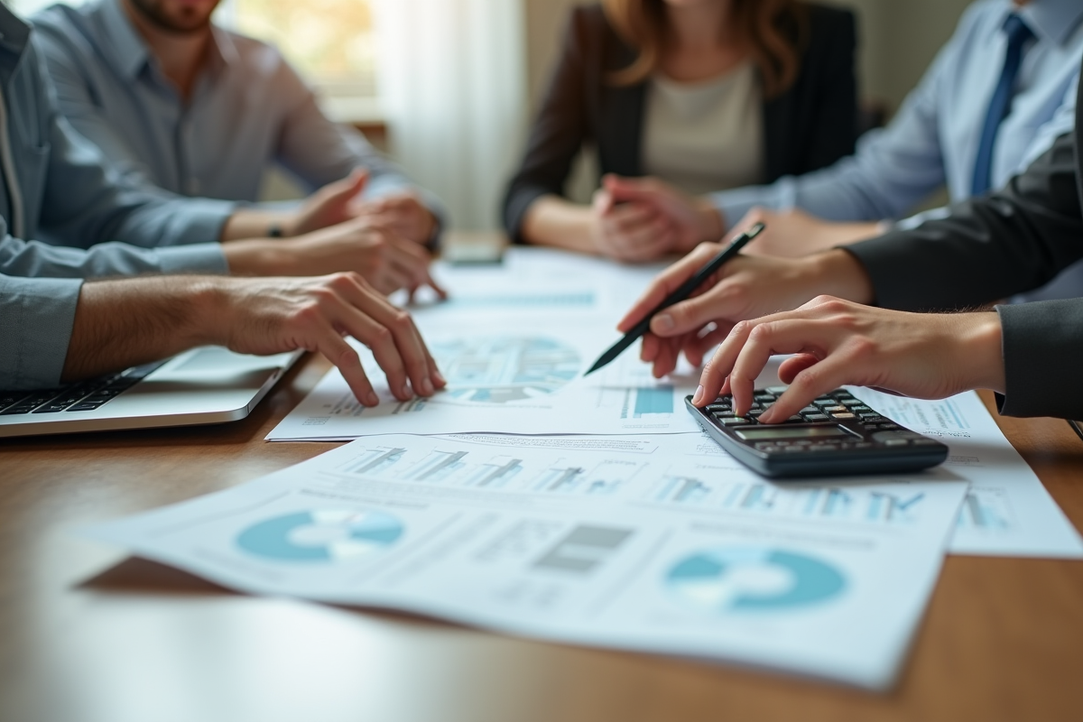 Détails d une réunion financière avec documents et calculatrice