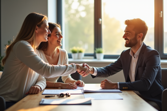 Couple souriant serrant la main d'un agent immobilier dans un salon lumineux