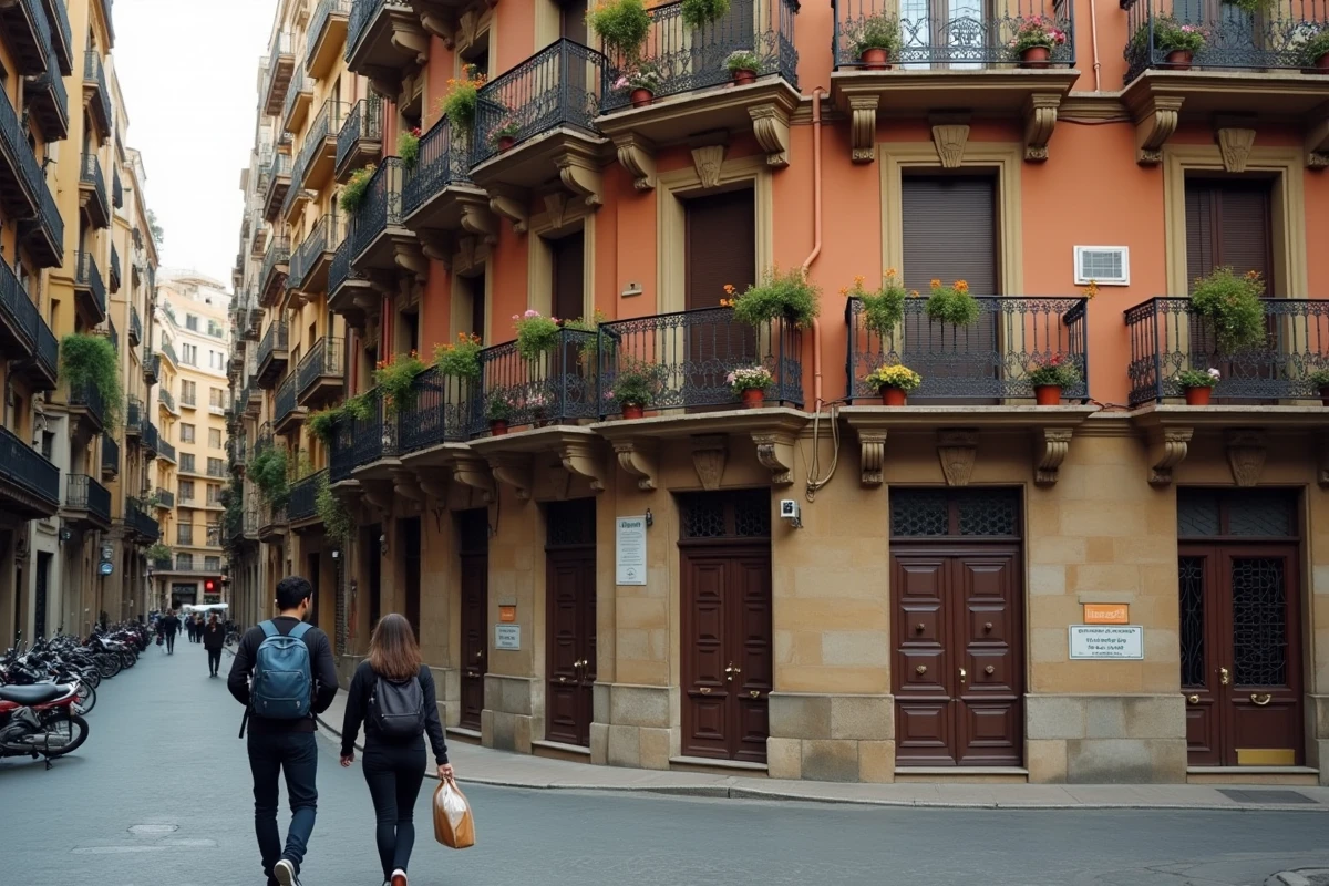 Rue résidentielle de Barcelone avec immeuble à louer proche des campus universitaires