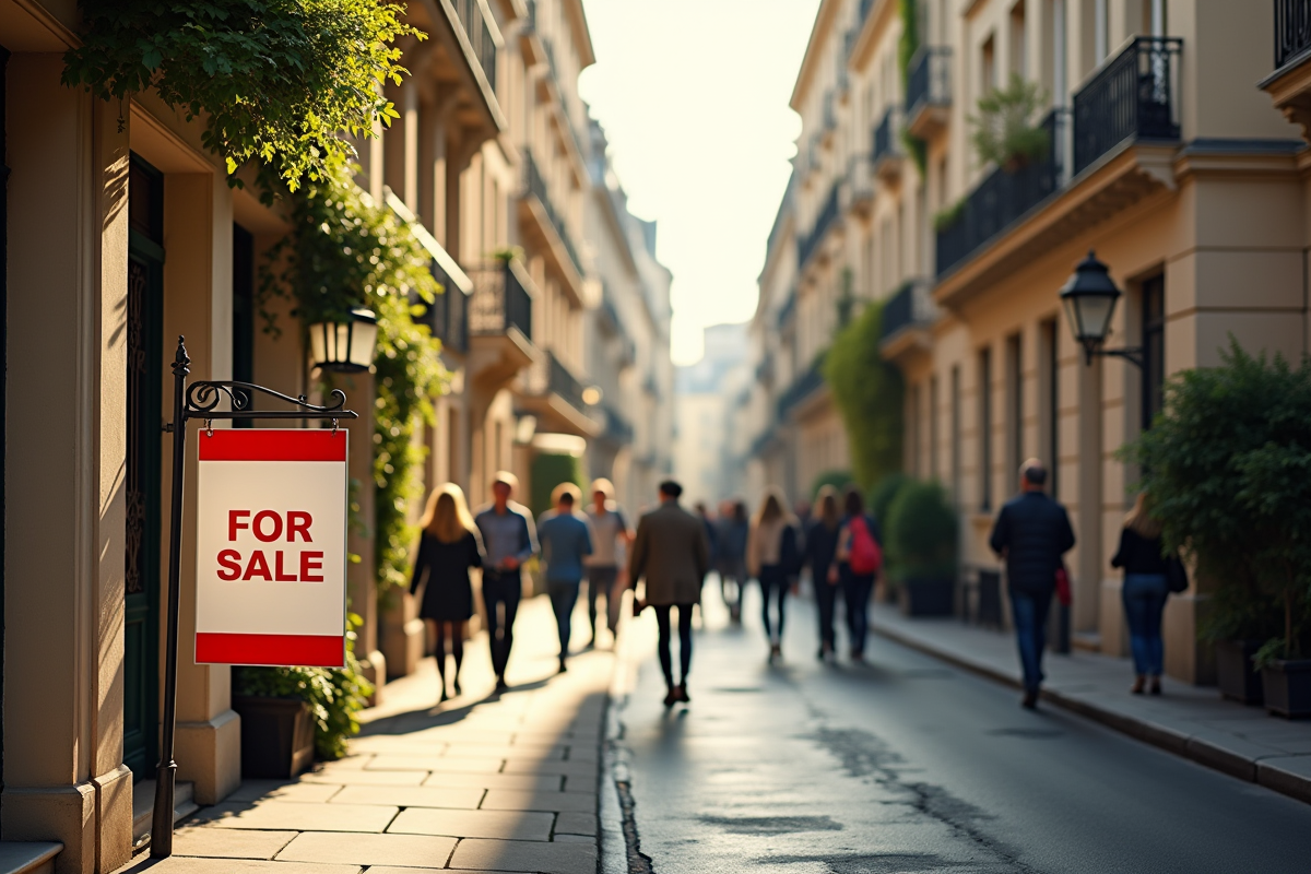 Rue haussmannienne avec immeubles classiques et panneau a vendre