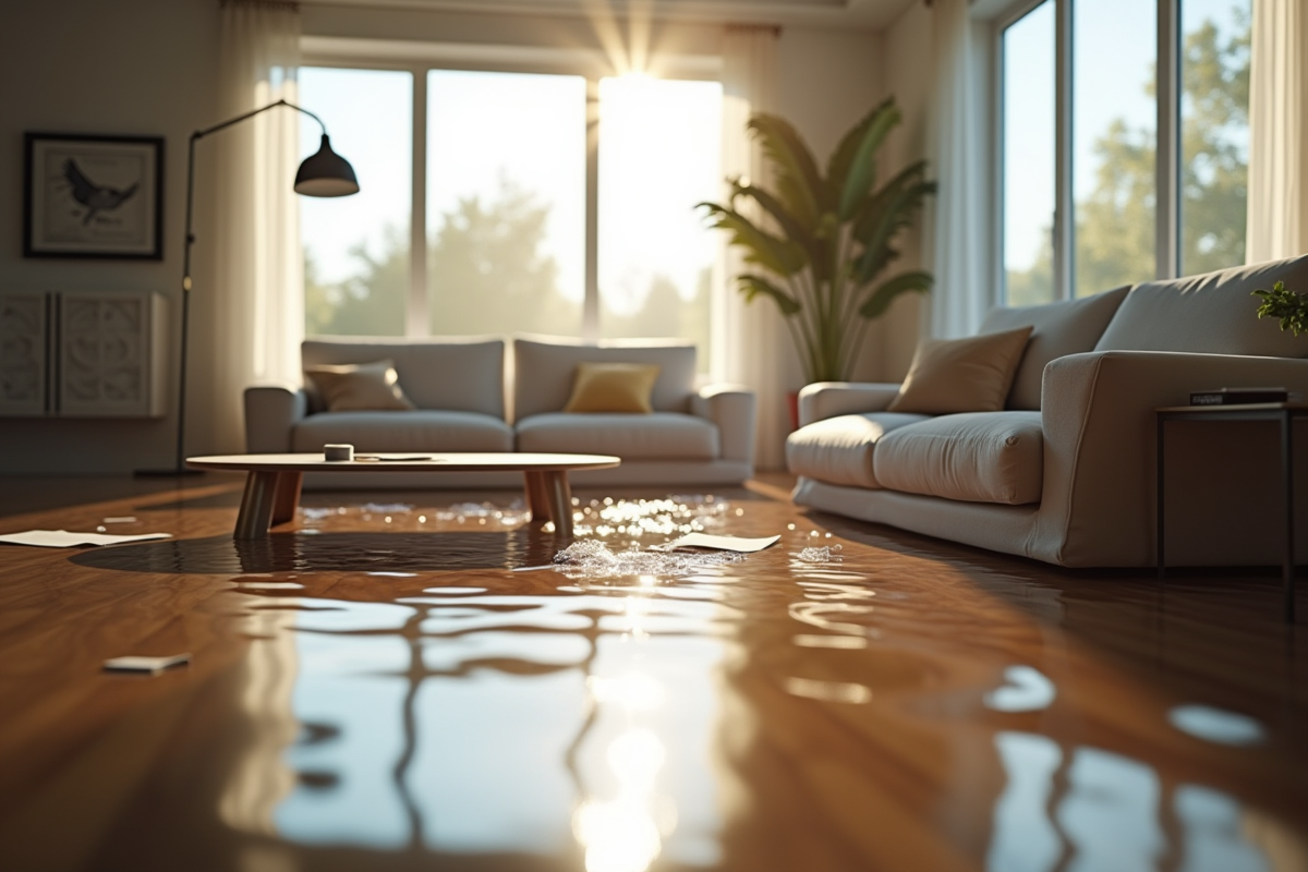 Salon inonde dans un appartement moderne avec lumière naturelle