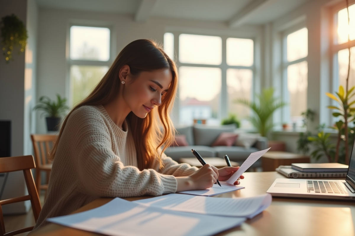 Salon lumineux avec femme signant un contrat de location