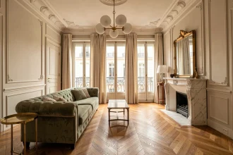 Salon de style haussmannien avec parquet en chevrons, moulures en stuc et cheminée en marbre dans un appartement parisien en location saisonnière