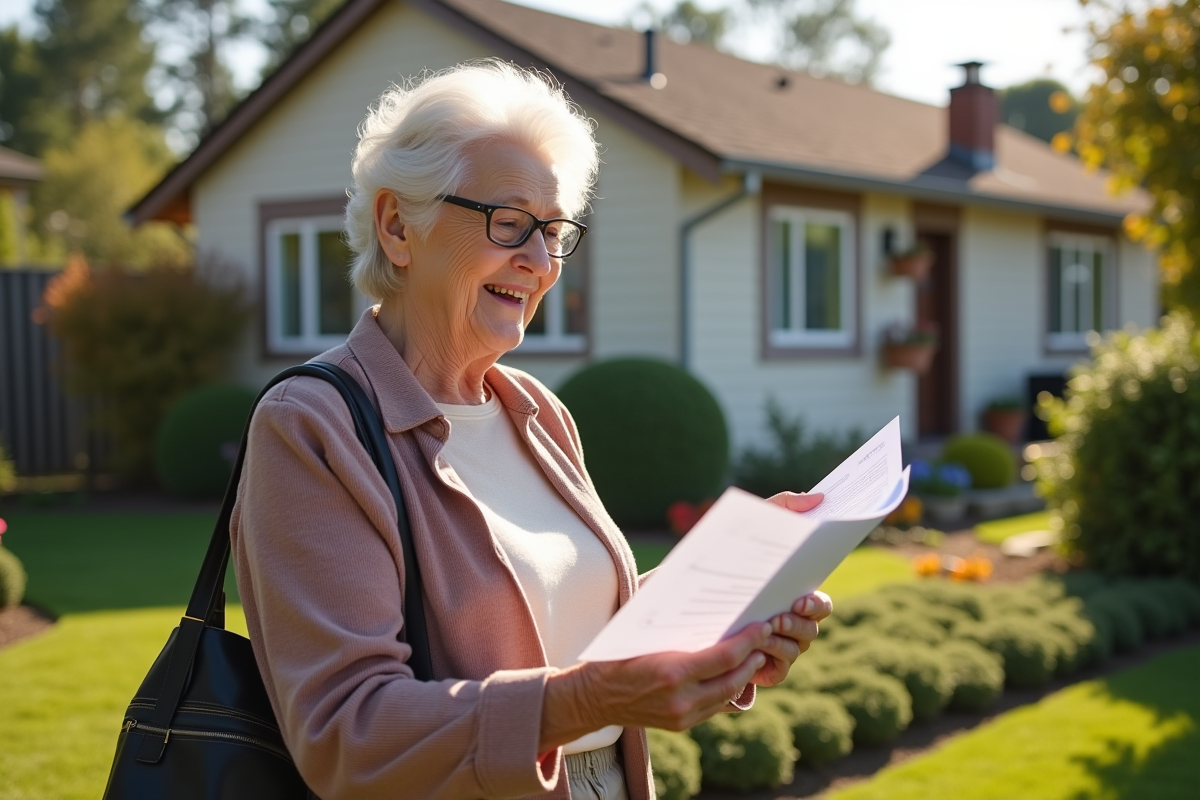 Une femme agee examine ses courriers devant sa maison