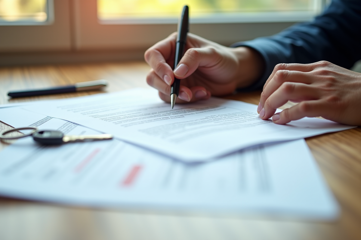 Main signant un contrat de location avec clés sur le bureau
