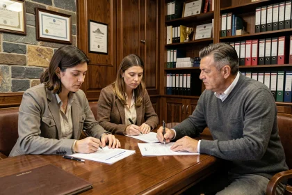 Couple signant un compromis de vente immobilière chez un notaire en Andorre