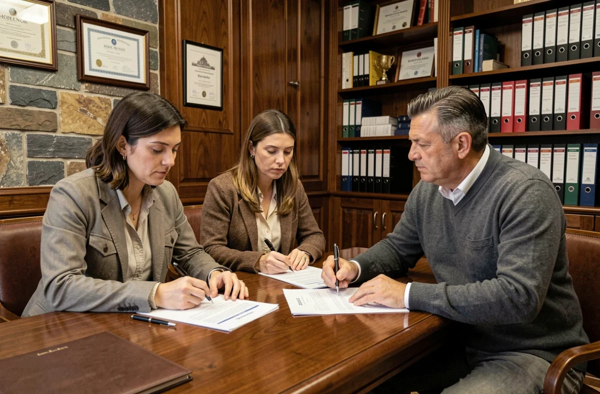 Couple signant un compromis de vente immobilière chez un notaire en Andorre